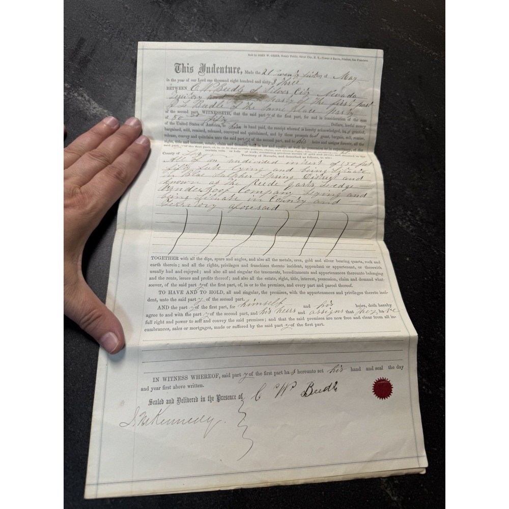 1863 Nevada Territory Mining Claim Deed Silver City Lyon County Notary Seal